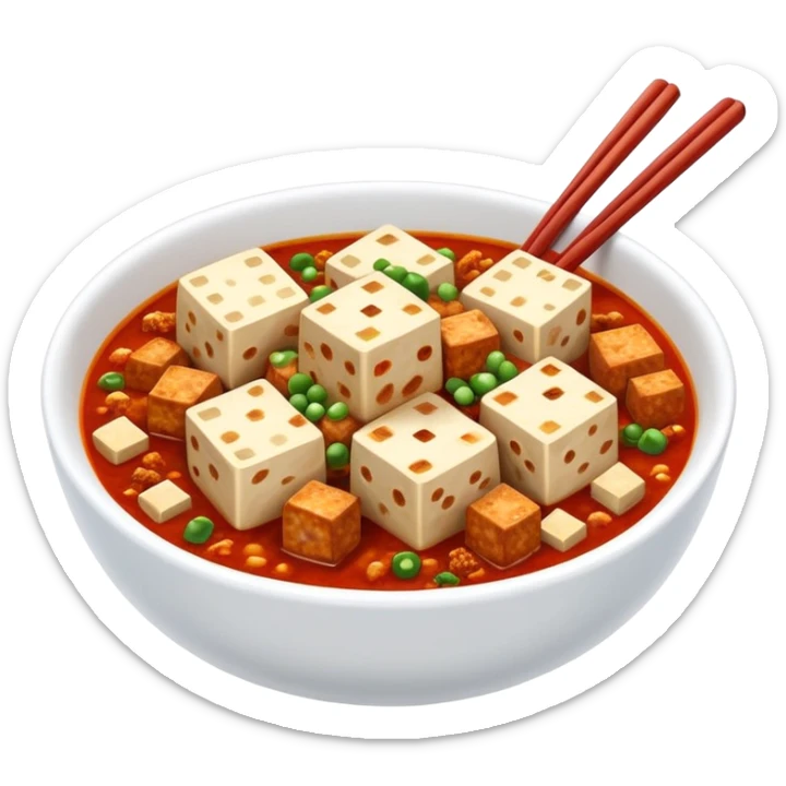 Mapo Tofu spicy red with tofu cubes and minced meat, simplified emoji style with bold outlines and bright colors, cartoon style Sichuan famous dish sticker