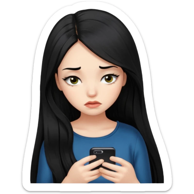 a girl with silk long black hair having fomo looking at her phone sad , she has long lashes  sticker