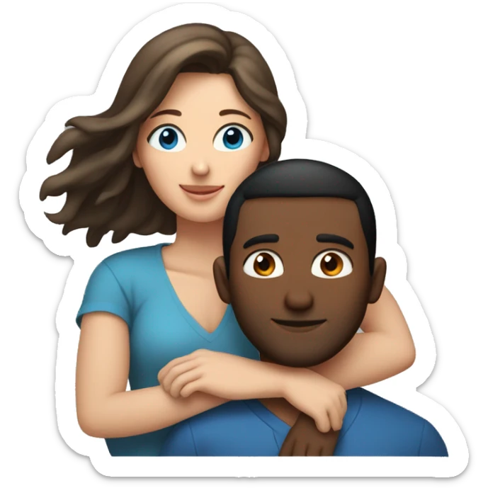 Couple embracing with arms around each other; white woman with blue eyes and brown hair, Indian man with black hair  sticker