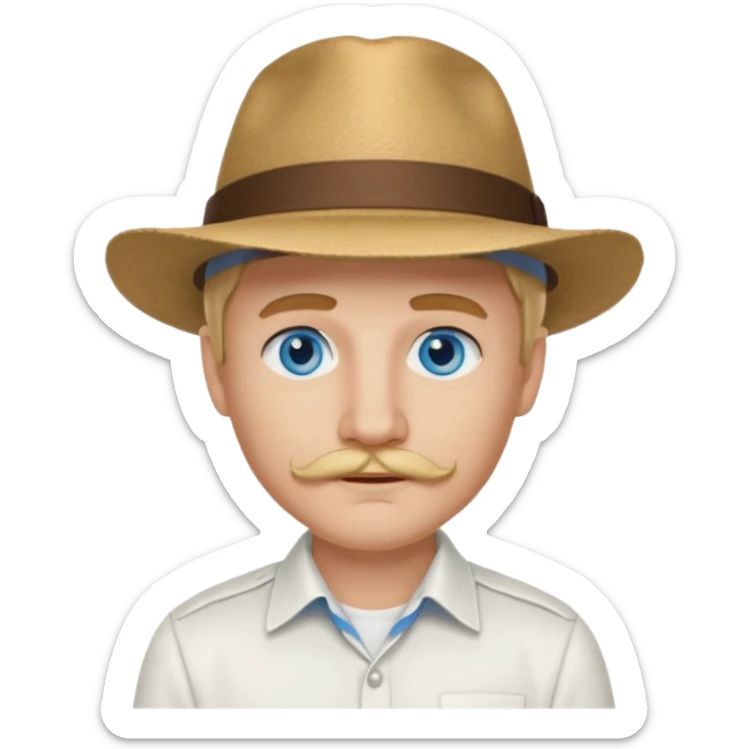 Justin Jeffre blue eyes, blonde hair and brown mustache, white shirt and hat sticker
