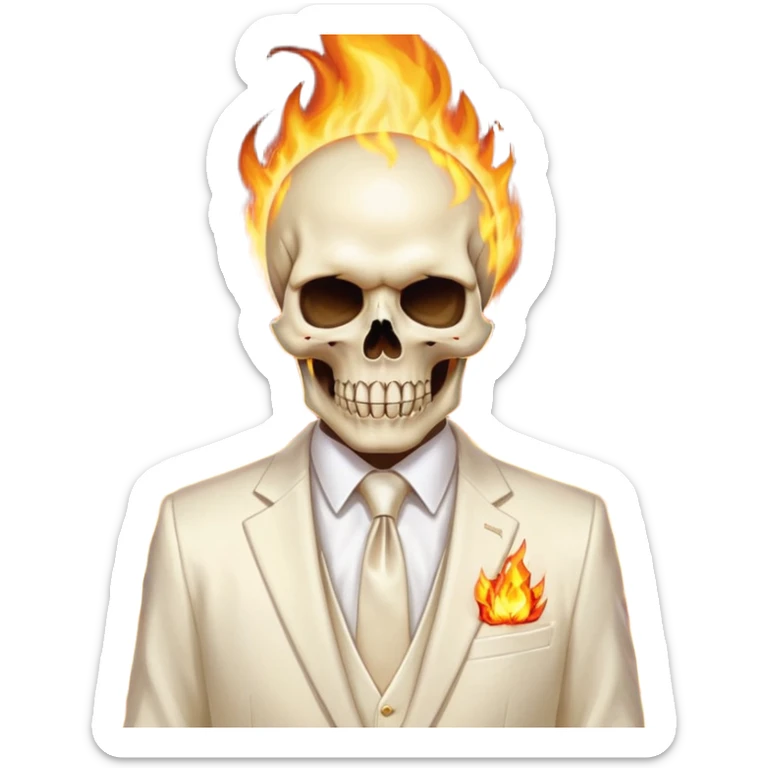 aesthetic shiny glowing divine lighting - Megadeth icon - a politician in an ivory ethereal suit wears a white tie, has a skull instead of a head, and instead of glasses, burns in fire sticker
