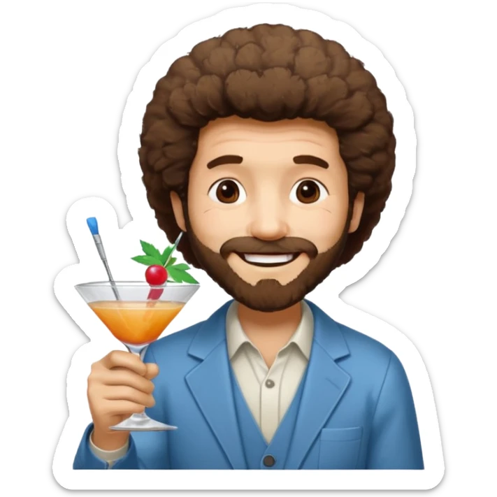 Bob Ross with a cocktail in one hand, paint brush in the other, wishing congratulations sticker