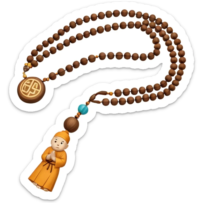monk necklace object icon, wooden prayer beads with simple pendant, spiritual minimal design, natural wood texture, subtle sacred aura, 3D cartoon style, mobile game icon style, centered, clean background, no text, no watermark
 sticker