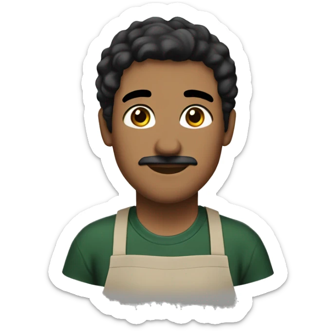 person with black hair side part, dark green apron, brown eyes, really short mustache sticker