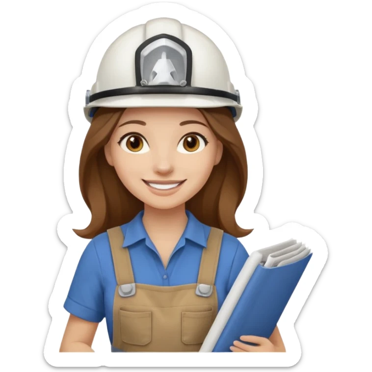 Waist-up female architect on a white background. Long brown hair with a middle part, brown eyes, long lashes, smiling with braces. White helmet with “BUT” in brown. Holding rolled-up blueprints. Outfit: brown jumpsuit over a white t-shirt. sticker