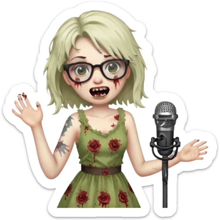 singer, Zombie girl, super happy, wearing dress, singing to mic, glasses sticker