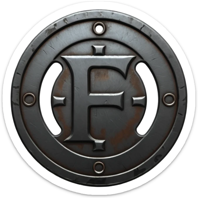 Minimal emoji, gothic metal coin made of black steel, engraved number f at the center, ancient industrial aesthetic, worn metal texture, no glow, no neon, flat emoji design, centered, transparent background sticker