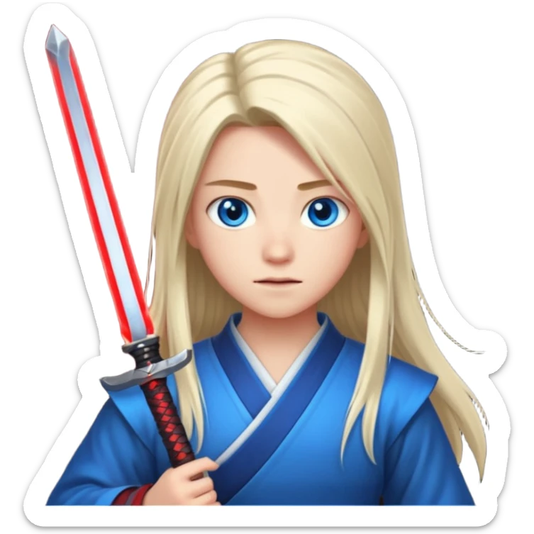 A 14 year old with red glowing katana and his hair be long and eye colour of blue with beautiful background sticker