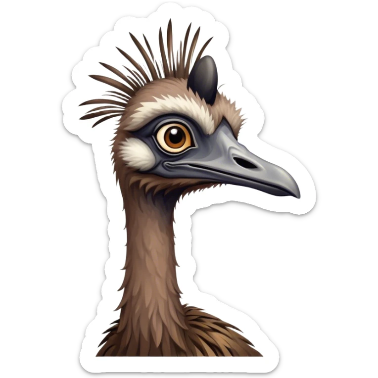 Cinematic Noble Emu Portrait Emoji, Poised and regal, with a tall, slender build and a shaggy, well-groomed fur of earthy brown feathers, a long elegant neck and deep-set soulful eyes, Simplified yet sharp and sophisticated features, highly detailed, glowing with a soft, dignified glow, high shine, intelligent and stately, stylized with an air of outback majesty, focused and attentive, soft glowing outline, capturing the essence of a watchful and confident bird, so majestic it feels as though it could stride out of the screen with effortless authority! sticker