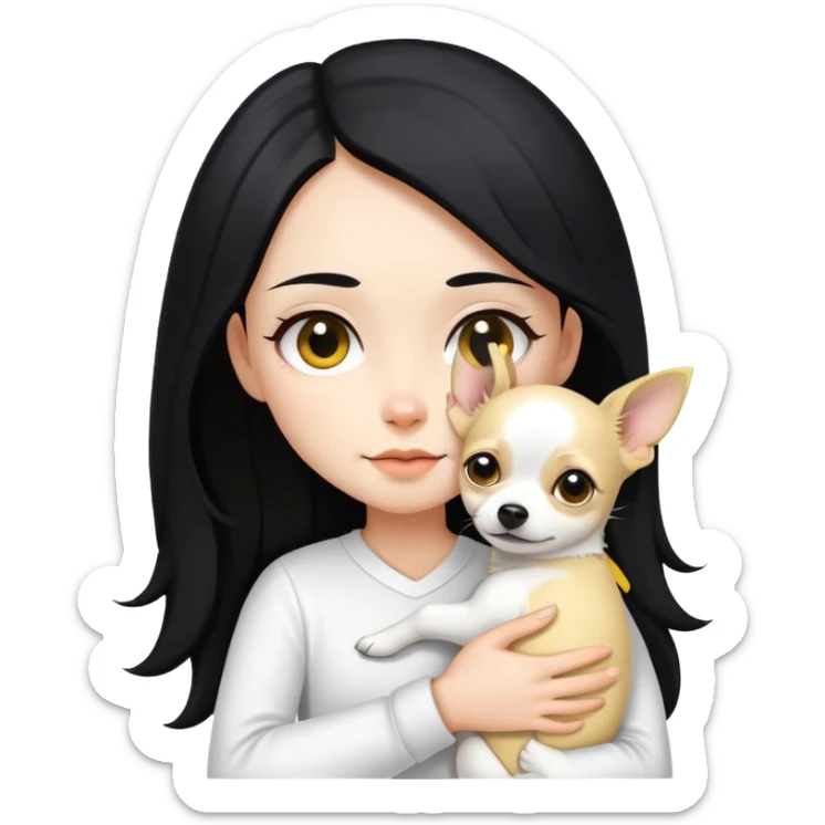 Fair skin girl - long black hair - white clothes - hugging a black, yellow and white Chihuahua sticker