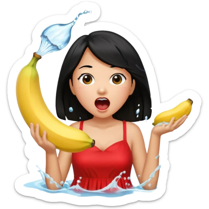 a banana splashing water in girl's mouth above her with black hair and red dress sticker