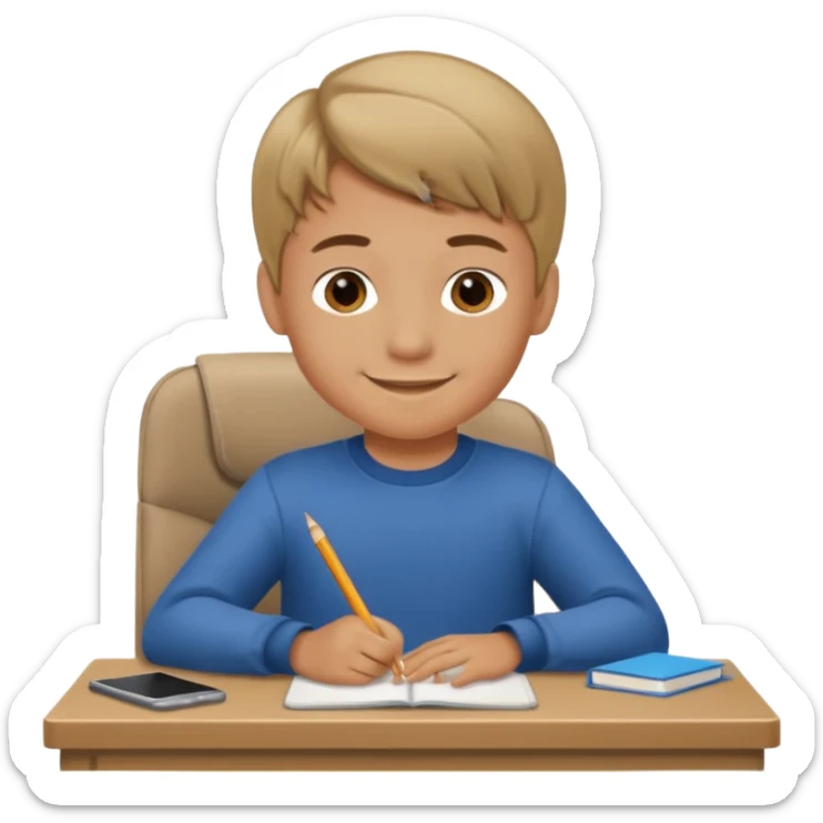 Little nice boy straight a student dark blonde hair tan skin sitting in desk with a big smile sticker
