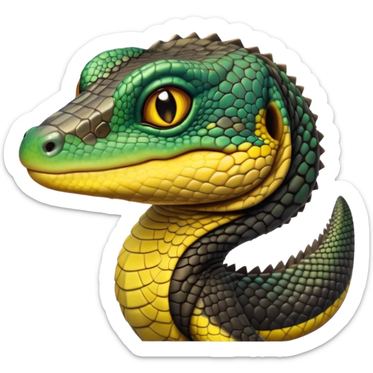 cinematic-realistic-cute-monitor-lizard-portrait-emoji,-head-tilted-playfully-and-inquisitively,-featuring-a-compact,-agile-body-with-finely-detailed,-glossy-scales-in-earthy-black and yellow-hues-and-a-distinct,-alert-face-with-bright,-curious-eyes, black , yellow spotted and green band  scales and a slender neck sticker