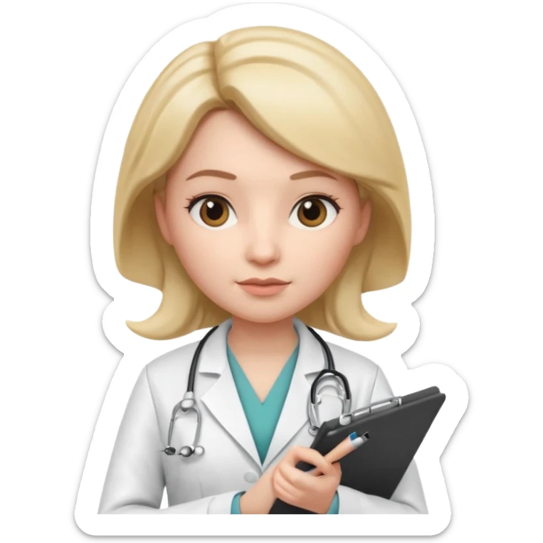3D memoji female doctor holding clipboard and pen, slightly strict but kind facial expression, educational vibe, white medical coat, isolated PNG sticker