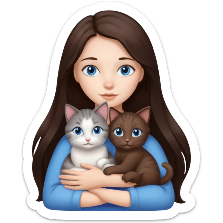 a pretty girl with long dark 
brown hair, with blue eyes, hugs 3 different natural coloured small cats sticker