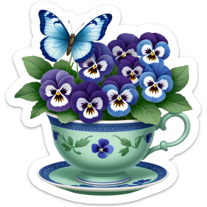 A cluster of blue and white pansies in an antique green porcelain cup, with a blue butterfly gently landing on a petal sticker