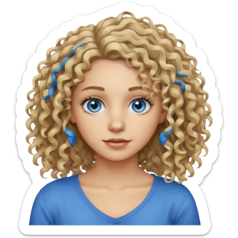 This is a 2D digital anime-style portrait of a female, caucasian, 29 years old light skin. The person has messy dirty blond curly hair shoulder long, round blue eyes.  sticker