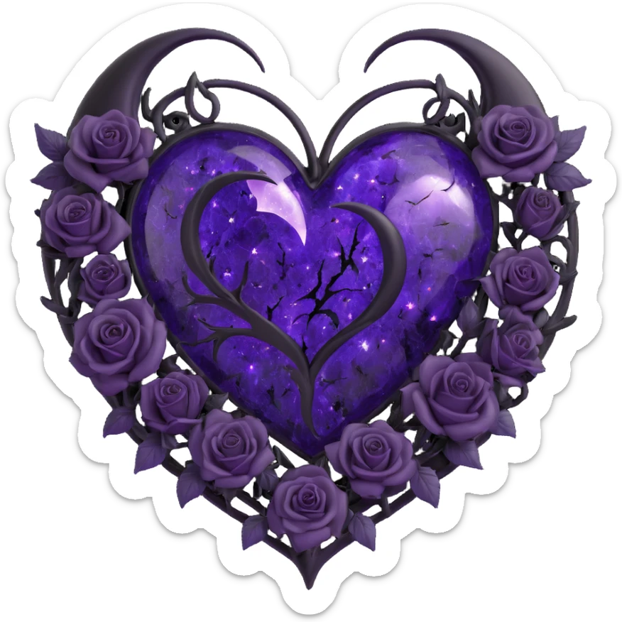 gothic heart made of purple glass with a crescent moon inside the heart, black roses entwined around, radiant stardust, double lightning bolts, light drizzle, mosaic cracked glass texture sticker