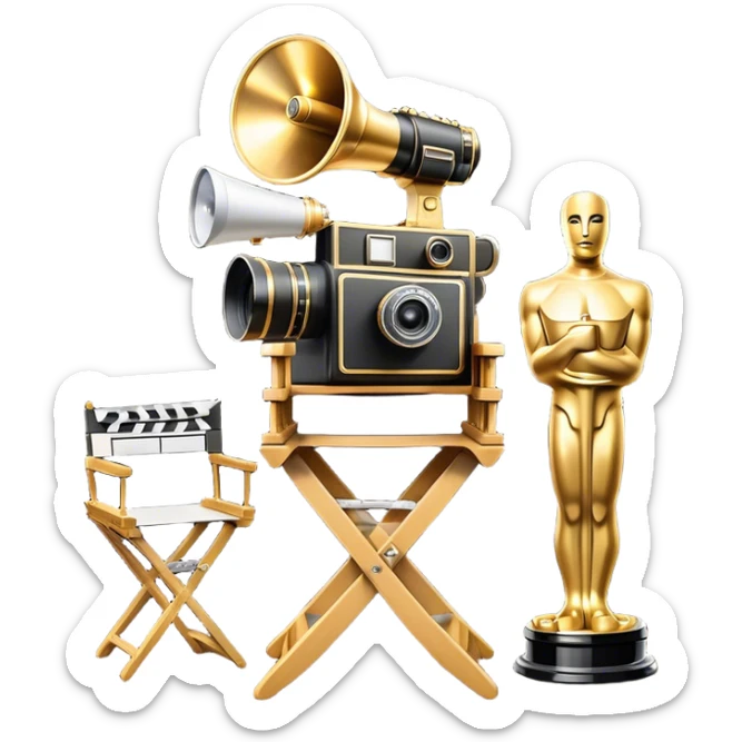 Icon for Directing: a director's chair, a large film camera, a megaphone, a stage set with lights and an Oscar statuette. The icon should represent the creative and leadership aspects of directing, with focus on film and theater production. Transparent background. sticker