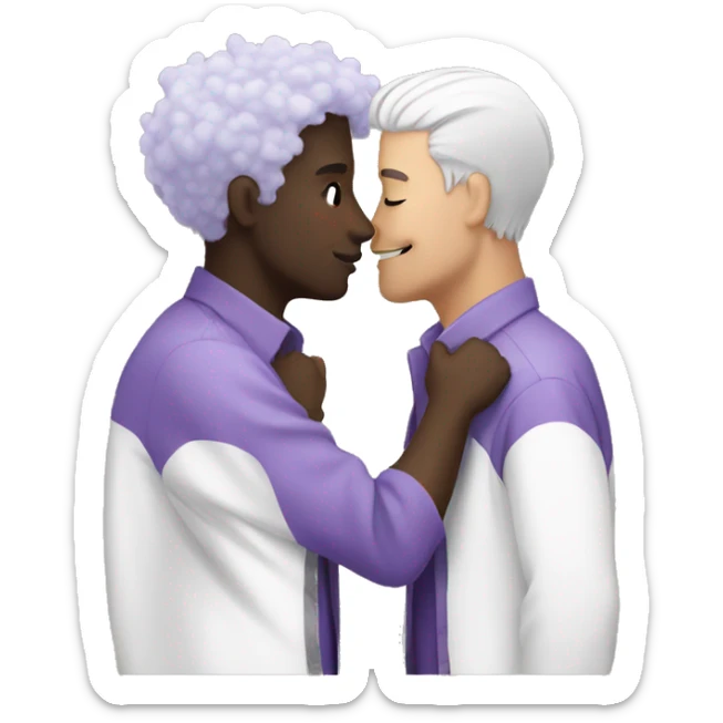 Two men kissing, one of them black and the other white with lavender hair sticker