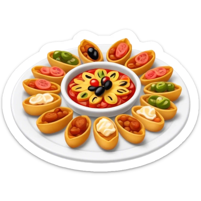 Cinematic Realistic Tapas Dish Emoji, depicted as an assortment of small, flavorful Spanish appetizers rendered with vibrant detail and warm, inviting lighting. sticker