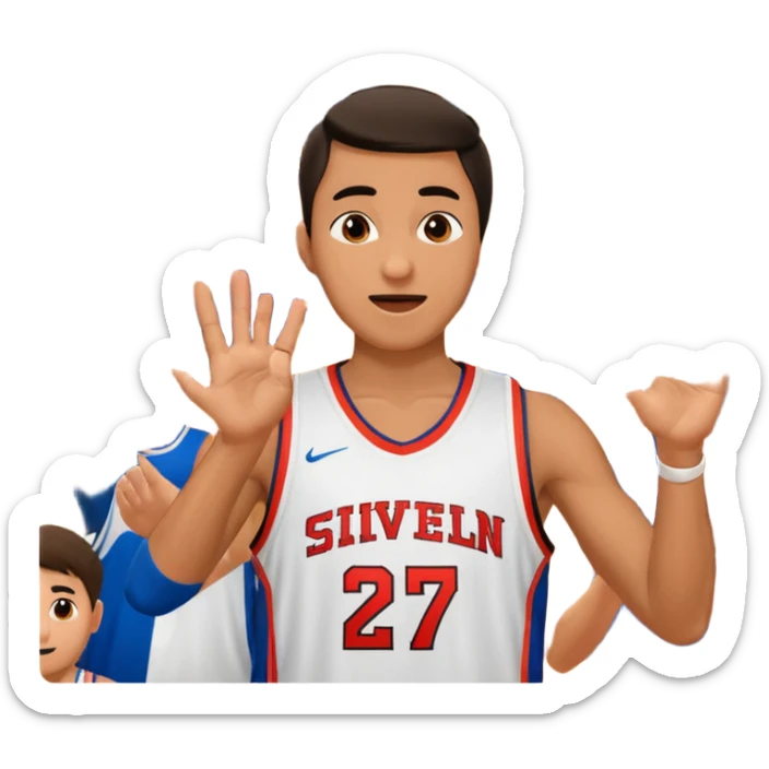 Maverick Trevillian in the crowd at an amateur basketball game. He leans towards the camera and enthusiastically shouts "six seven while performing a distinctive hand gesture: both hands open, palms facing upward, moving up and down as if weighing two options. sticker