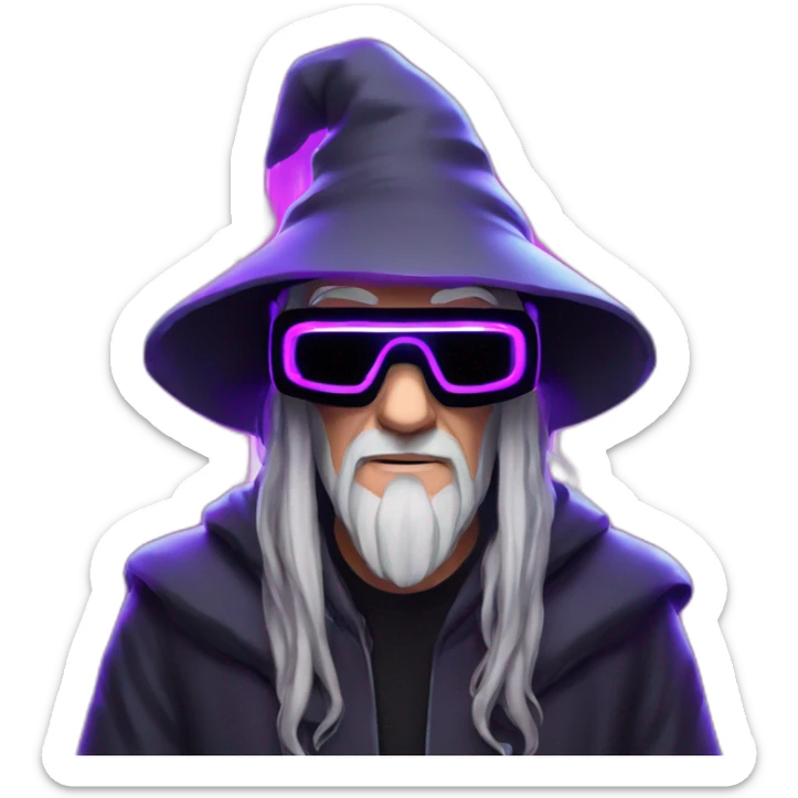 Gandalf wearing a black hoodie with "OMG" letters on it and VR headset in a cyberpunk VR environment with violet neon lighting. sticker