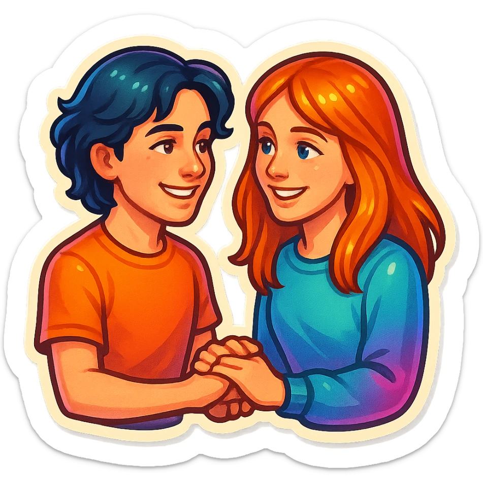 Sticker of Sasha and Yulia, two young lovers, in a vibrant and colorful style, with detailed facial features and expressive eyes, holding hands and smiling at each other, with a background of a park or a cityscape. sticker