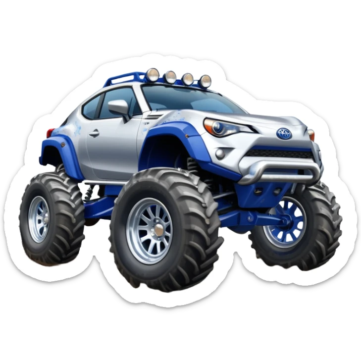 Silver Chrome Tractor tires on glossy dark blue 2025 Toyota 86 off road rally car  sticker