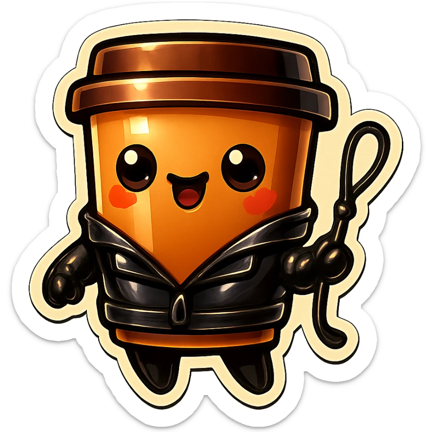 Tall coffee cup, dressed in leather holding a whipping crop sticker