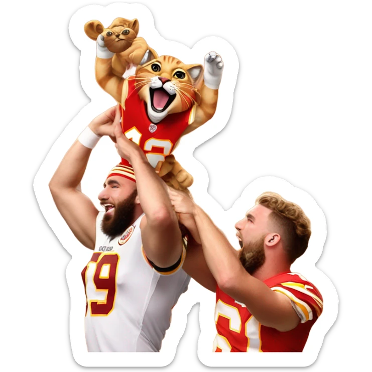 Taylor swift and Travis Kelce holding a bengal cat that is wearing a chiefs jersey in the air like Rafiki holds simba in the lion king  sticker
