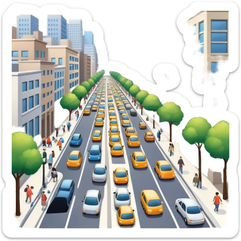 A busy street with shops, cars, and people walking, symbolizing urban life and movement. The street is lined with buildings and has sidewalks and traffic sticker