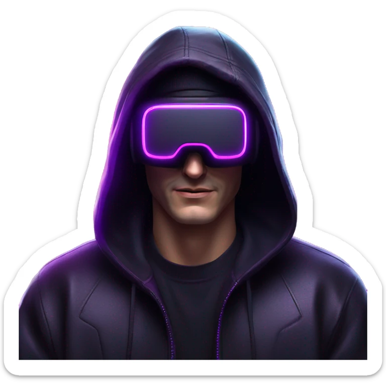 Russian man wearing a black hoodie with "OMG" letters on it and VR headset in a cyberpunk VR environment with violet neon lighting. sticker