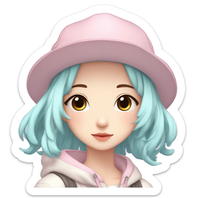 Gorgeous pastel anime girl with blushing face and hair garnitures and pretty hair and a cap aesthetic trending style sticker