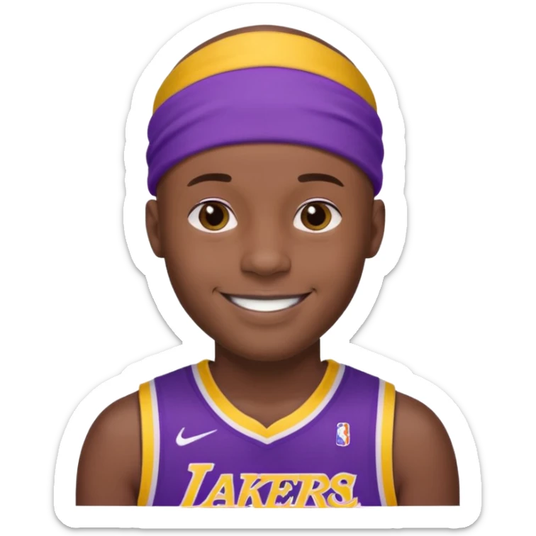 ["Black male, shaved head, wearing a purple Lakers jersey with headband."] sticker
