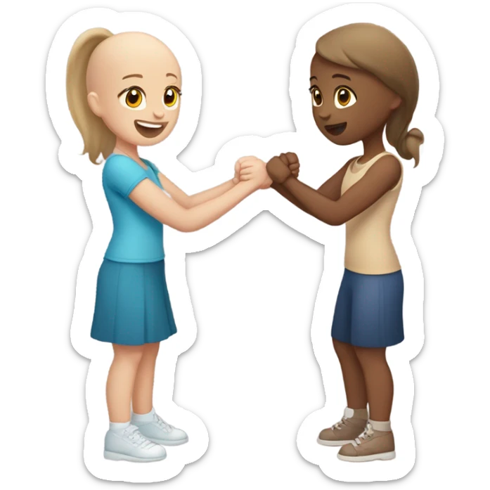 Two girls hand wrestling one with light skin and brown hair and me with medium brown skin and bald sticker