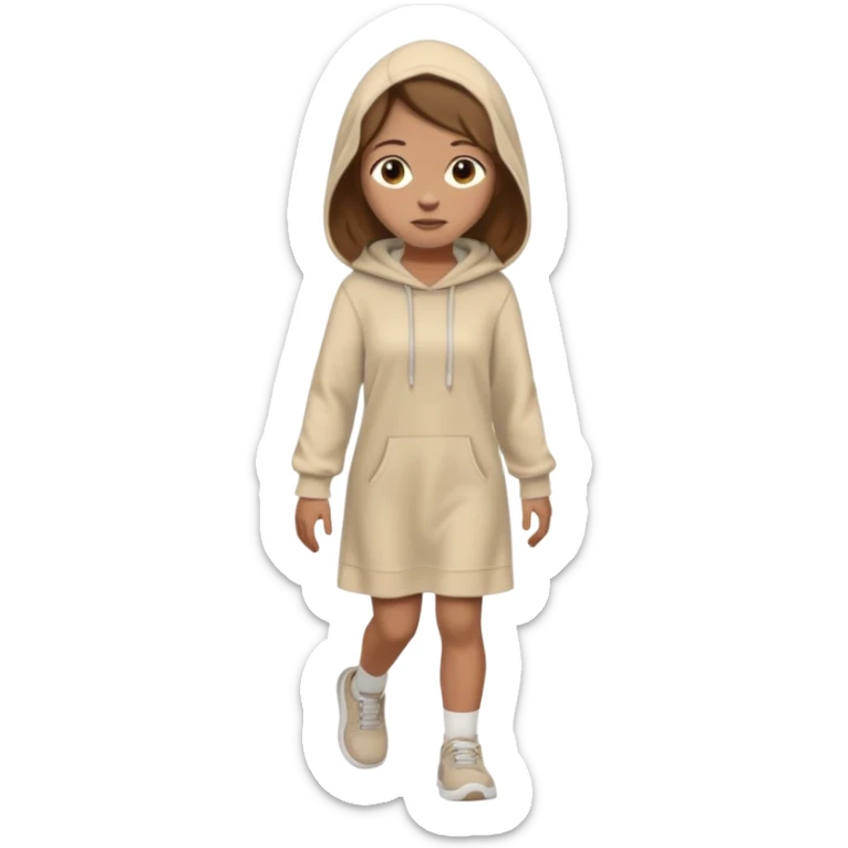fullbody, head-to-toe, Lazarus's sister, Jesus's friend, with brown hair, beige dress, and a head hoodie, normal emoji style, walking sticker