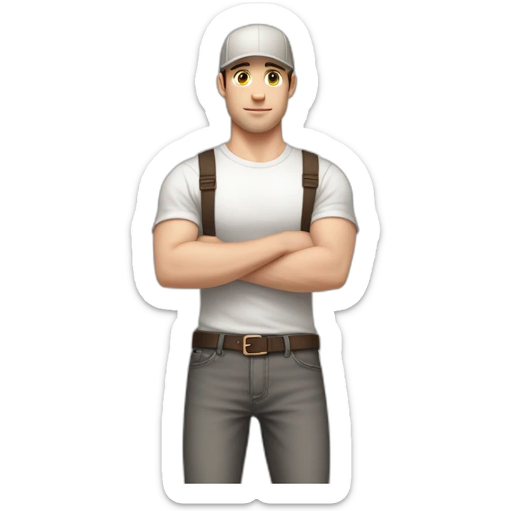 Pale skinned fit Man with dark brown hair in a light gray cap, dark brown jeans, brown polo and white T-shirt keeping a pasted with tape white box into his hands sticker