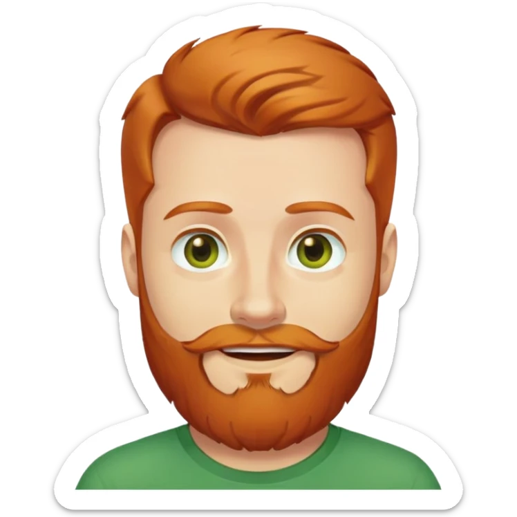 A redhead man with full beard. Wearing a green T-Shirt and a bit of smile on his face. And his eyes are colored as honey. sticker