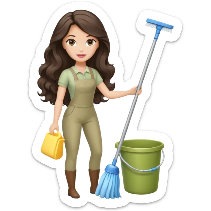 A white Barbie girl with long dark brown wave hair in a pale olive clothes doing cleaning sticker