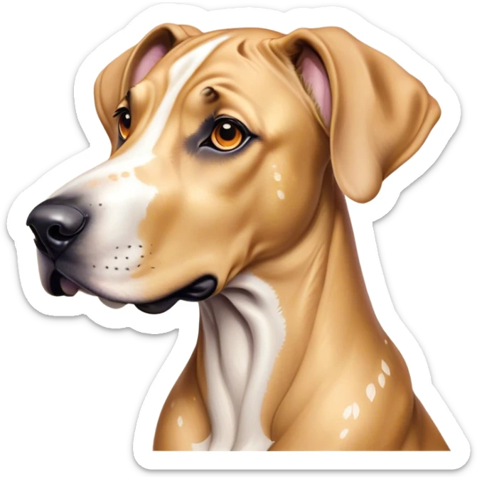 Cinematic Cute Fawn Great Dane Portrait Emoji, Head tilted playfully and inquisitively, showcasing a glossy fawn coat with a subtle luster, round, sparkling amber eyes filled with curiosity, Simplified yet irresistibly adorable features, highly detailed, glowing with a warm, friendly glow, high shine, affectionate and gentle, stylized with a touch of whimsy, bright and endearing, soft glowing outline, capturing the essence of a mischievous yet loving pup, so playful it feels like it could lumber out of the screen and into your arms! sticker