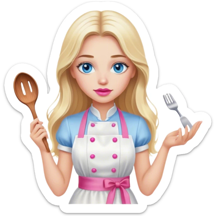 Cinematic realistic beautiful blonde with long hair, blue eyes and pink lips in a white dress cooks sticker