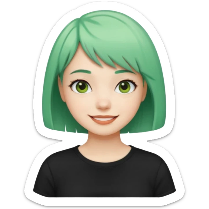 Girl with Mint Bob Cut – short green hair, cheerful smile, black t-shirt sticker