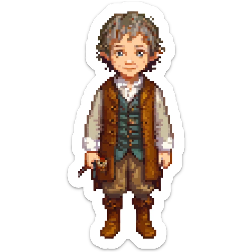 Whole body image of bilbo baggins from the hobbit movie in pixel art style. Bilbo is younger. Make Bilbo look like the actor that portrayed him in the movie, Martin Freeman. Bilbo is wearing the same outfit he was wearing when he left the shire with Thorin Oakenshield. sticker