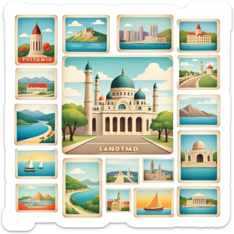 Icon for Postcard Collecting: a collection of colorful vintage postcards, featuring scenic views, landmarks, and greetings, arranged neatly in an album or on a display board. The icon should convey the charm and nostalgia of postcard collecting. Transparent background. sticker