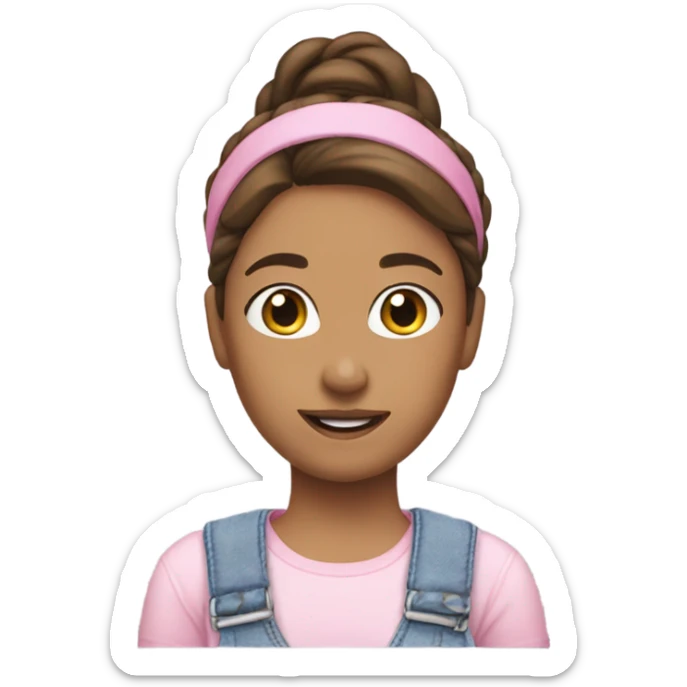 A skin white woman with brown hair in pony tail wearing white headband, pink t shirt and overalls  sticker