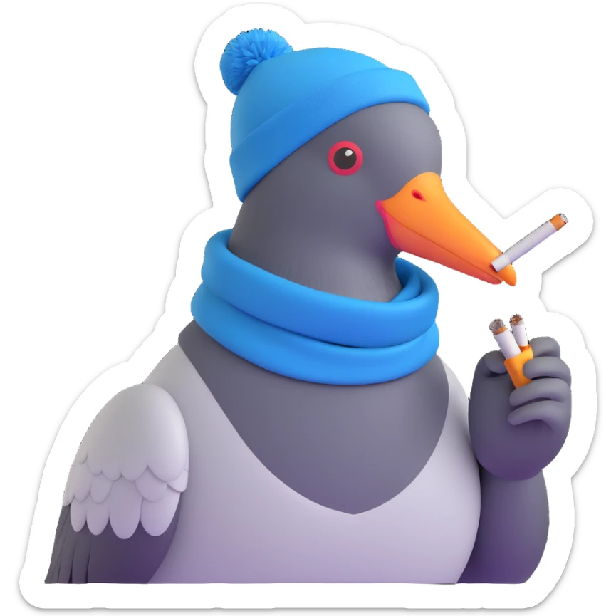 hipster pigeon with a beanie and scarf, smoking a cigarette, trendy look sticker