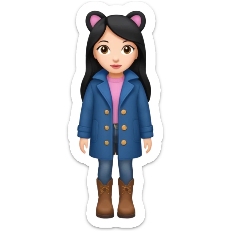 Gordita, ojos pequeños de color cafe oscuro, labios pequeños y rosados, piel trigueña, orejas pequeñas, cabello largo lazio y negro, pequeña. cuerpo completo. vestida con saco de lana jean color azul y botas color café. No le pongas orejas sticker