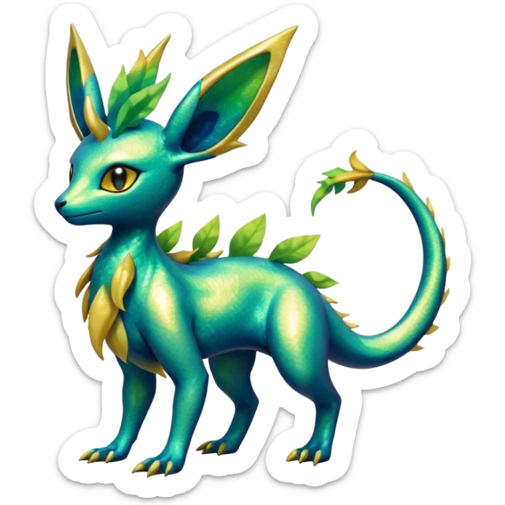 Shiny Iridescent Helioptile-Salandit-Leafeon-Fakémon-hybrid-creature (full body)  sticker