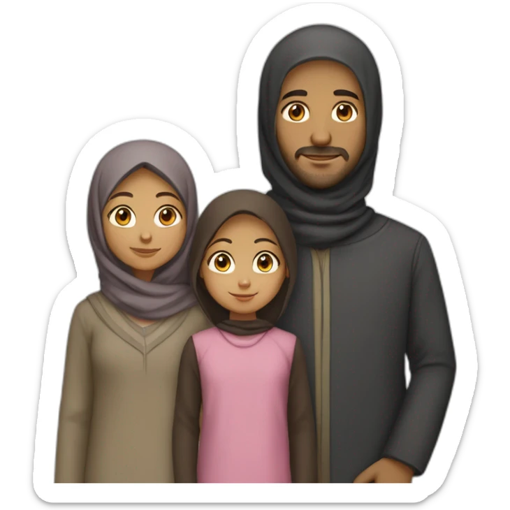Family of four people: a mother who is the only person wearing a hijab, a father who has dark hair, a young little girl with dark hair, and a young little boy with dark hair, light brown skin sticker